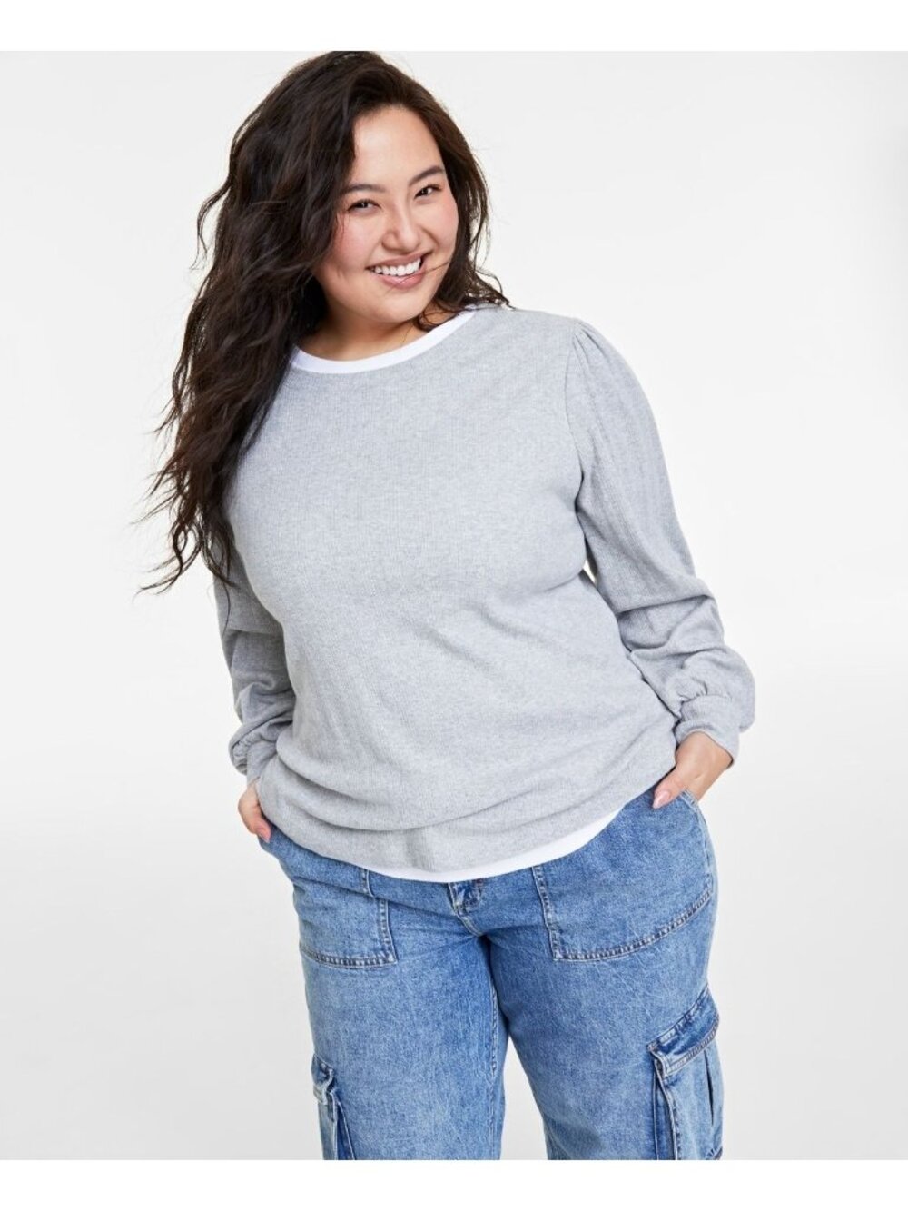 On 34th Womens Plus Size Pointelle-Rib Long-Sleeve Top Light Grey Size 3X NWT